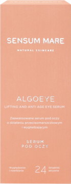 Brzoskwiniowe opakowanie serum pod oczy SENSUM MARE ALGOEYE, przód. Liftingujące, przeciwzmarszczkowe, 24 składniki aktywne.