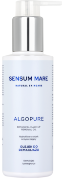 SENSUM MARE ALGOPURE hydrofilowy olejek do demakijażu w białej butelce z srebrną pompką, widok z przodu.