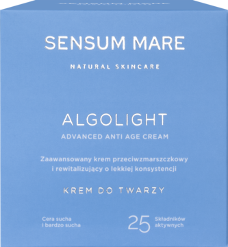 Sensum Mare Algolight krem przeciwzmarszczkowy w jasnoniebieskim pudełku, 25 składników, dla cery suchej.