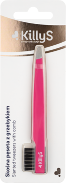 Różowa skośna pęseta KillyS z grzebykiem w przezroczystym blistrze, na biało-złotym opakowaniu, widok z przodu.