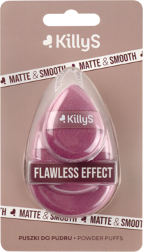 KillyS Flawless Effect powder puffs, dwa różowe gąbeczki do makijażu w opakowaniu, na tle z napisem 'Matte & Smooth'.
