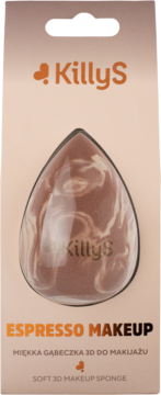 KillyS ESPRESSO MAKEUP miękka gąbeczka do makijażu w pudełku, widok z przodu, brązowo-biała marmurkowa.