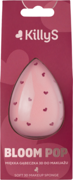 Opakowanie KillyS Bloom Pop: miękka różowa gąbeczka 3D do makijażu z sercami, widok z przodu.