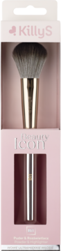 KillyS Beauty Icon pędzel do pudru i rozświetlacza w różowym opakowaniu z okienkiem, widoczna złota skuwka i srebrna rączka.