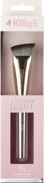 KillyS Beauty Icon: skośny pędzel do makijażu ze złotym okuciem i błyszczyk w srebrnej, smukłej tubce, w różowym opakowaniu.