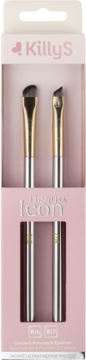 KillyS Beauty Icon: dwa pędzelki do brwi i eyelinera z złotymi okuciami, w różowym opakowaniu z okienkiem.