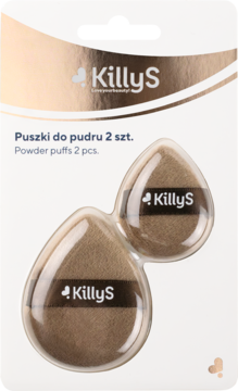 KillyS Puszki do pudru 2 szt., beżowe, miękkie gąbeczki w kształcie łezki, w białym opakowaniu z akcentami.