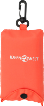 Pomarańczowa składana torba na zakupy Ideen Welt, z logo, czarnym karabińczykiem i zatrzaskiem, udźwig 10kg.