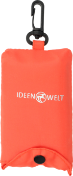 Pomarańczowa składana torba na zakupy Ideen Welt, z logo, czarnym karabińczykiem i zatrzaskiem, udźwig 10kg.