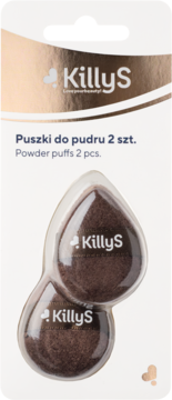 Opakowanie KillyS, dwie ciemnobrązowe gąbeczki do pudru w blistrze. Biało-złote, widok z przodu.