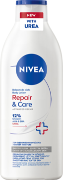 Biała butelka NIVEA Repair & Care Urea balsam do ciała, z niebieskim logo i napisem 'NEW WITH UREA', widok z przodu.
