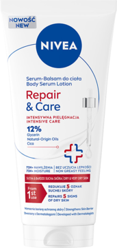 Biały balsam Nivea Repair & Care Body Serum Lotion w tubce, 12% gliceryny, na 5 oznak suchej skóry, widok frontalny.