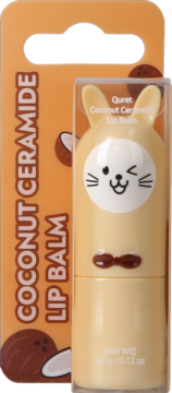 Quret Coconut Ceramide Lip Balm w beżowym opakowaniu w kształcie króliczka, na pomarańczowej karcie z kokosami.