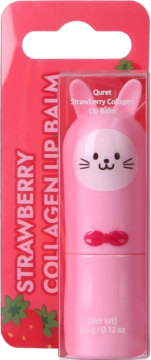 Różowy balsam do ust Quret Strawberry Collagen w wiszącym kartoniku z króliczkiem, widok z przodu.