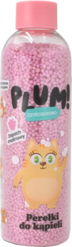 Różowe perełki do kąpieli malinowe Plum! w przezroczystej butelce z kreskówkowym kotkiem, widok z przodu.
