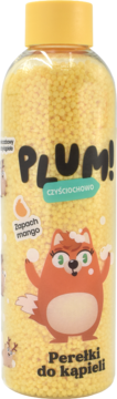 Plum! Perełki do kąpieli o zapachu mango. Żółte kulki w przezroczystej butelce z liskiem, widok z przodu.