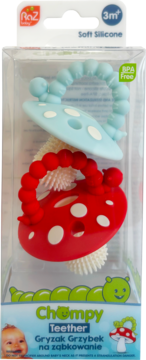 RaZbaby Chumpy gryzak grzybek silikonowy, czerwono-niebieski, dla 3m+, widok z przodu w przezroczystym opakowaniu.
