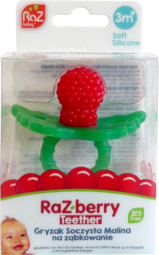 RaZ-berry gryzak silikonowy na ząbkowanie, czerwona malina z zielonym uchwytem w opakowaniu, widok z przodu.