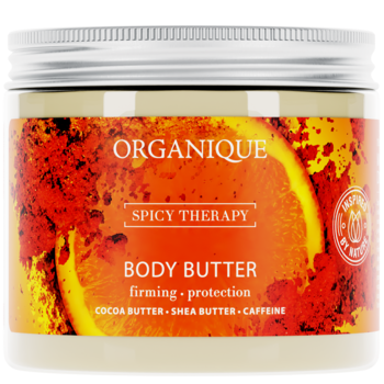 Organique Spicy Therapy masło do ciała ujędrniające z masłem shea, w szklanym słoju, pomarańczowa etykieta, widok z przodu.