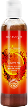 Organique Spicy Therapy, stymulujący żel pod prysznic z pomarańczą i cynamonem, butelka, widok z przodu.