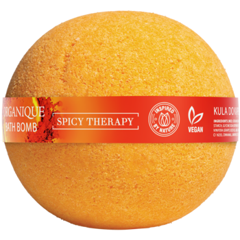 Pomarańczowa kula do kąpieli Organique Spicy Therapy z czerwoną etykietą, widok z przodu. Odżywcza z olejami.