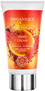 Organique Spicy Therapy krem do rąk. Biała tuba z grafiką pomarańczy, przypraw. Z przodu. Z limonką, masłem Shea.