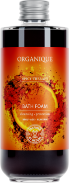 Organique Spicy Therapy Bath Foam, pomarańczowo-czerwona butelka z pomarańczą, oczyszcza, chroni. Widok z przodu.