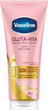 Różowa tubka balsamu Vaseline Gluta-Hya Dewy Radiance 200ml, z białym logo i złotymi detalami, widok z przodu.