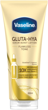 Serum do ciała Vaseline Gluta-Hya Flawless Tone w beżowej tubce, frontalny widok. Rozjaśnia skórę, redukuje przebarwienia.