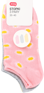 Eloy skarpety damskie stopki, 3 pary: różowe w biało-żółte stokrotki, szare i żółte, złożone, rozm. 35-40.