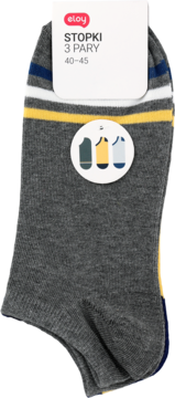 Eloy stopki męskie, 3 pary szarych skarpet z żółtymi i niebieskimi paskami, na białej metce, rozm. 40-45.