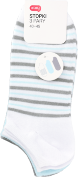 Eloy męskie skarpety stopki, 3 pary, białe z błękitnymi i szarymi paskami, rozmiar 40-45, z widoczną etykietą.
