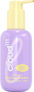 Fioletowy żel do mycia twarzy Cloud 111 z żółtą pompką. Odświeżający, truskawka, arbuz, banan. Widok z przodu.
