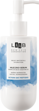 LAAB Milky Waterfall mleczko-serum z Ectoin Oat Peptides, biała butelka z pompką, błękitne akcenty, widok z przodu.