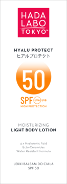 Hada Labo Tokyo Hyalu Protect SPF 50, nawilżający balsam do ciała, biała etykieta z pomarańczowym logo 50 SPF.