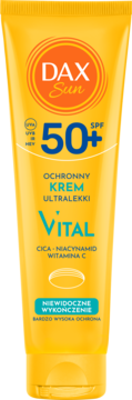 DAX Sun SPF 50+ Ultralekki Vital, żółta tubka kremu ochronnego, niewidoczny na skórze. Widok z przodu.