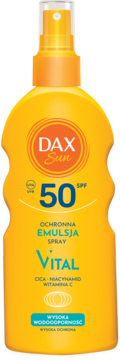DAX Sun SPF 50 Vital ochronna emulsja spray, żółta butelka, wodoodporny, widok z przodu.