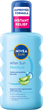 NIVEA SUN After Sun Moisture, błękitna karbowana butelka z aloesem i napisem INSTANT RELIEF, widok z przodu.