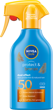 Niebieski balsam Nivea Sun Protect & Bronze SPF 50 w sprayu, żółta pompka, chroni i aktywuje melaninę.
