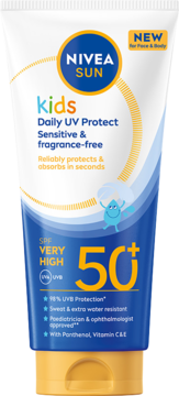 NIVEA SUN Kids Daily UV Protect SPF50+ w biało-niebieskiej tubce, sensitive, widok z przodu.