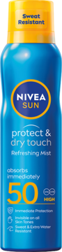 NIVEA SUN Protect & Dry Touch SPF50 Refreshing Mist, niebieski spray z żółtą zakrętką, widok z przodu.