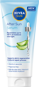 Nivea Sun After Sun Serum do twarzy i ciała, jasnoniebieska tuba z aloesem, widok z przodu.