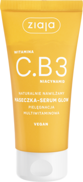 Ziaja Witamina C.B3 Niacynamid maseczka-serum glow, żółta tubka z białym wieczkiem, produkt wegański, widok z przodu.