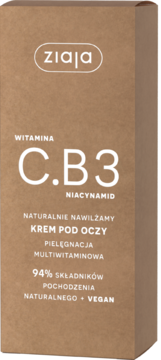 Ziaja krem pod oczy witamina C.B3 niacynamid, w brązowym kartonie, widok z przodu z białym tekstem.