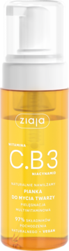 Ziaja Witamina C.B3 Niacynamid pianka do mycia twarzy, pomarańczowa butelka z białym dozownikiem, widok z przodu.