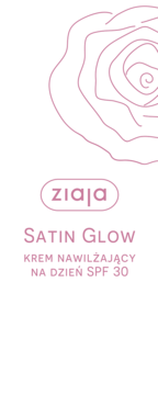 Ziaja Satin Glow, krem nawilżający na dzień SPF 30, biała grafika z różową różą i logo marki.
