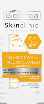 Bielenda Skinclinic Professional SPF 50, nawilżająco-ochronny sztyft z kwasem hialuronowym i wit. E, przód opakowania.