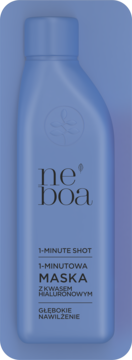 Niebieska matowa butelka Neboa 1-minutowej maski nawilżającej do włosów z kwasem hialuronowym, widok z przodu.