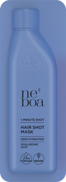 Niebieska butelka Neboa 1-Minute Shot Hair Mask z kwasem hialuronowym, matowe wykończenie, widok z przodu.
