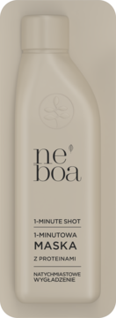 Beżowa butelka Neboa 1-Minute Shot Maska do włosów z proteinami, wygładzająca. Widok z przodu.